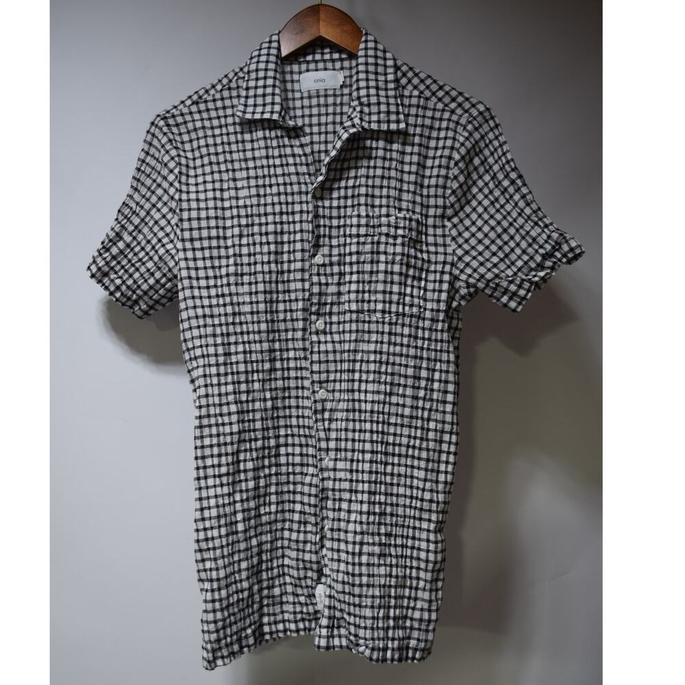 Onia Black White Gingham Seersucker Short Sleeve Button Front Shirt Men's S